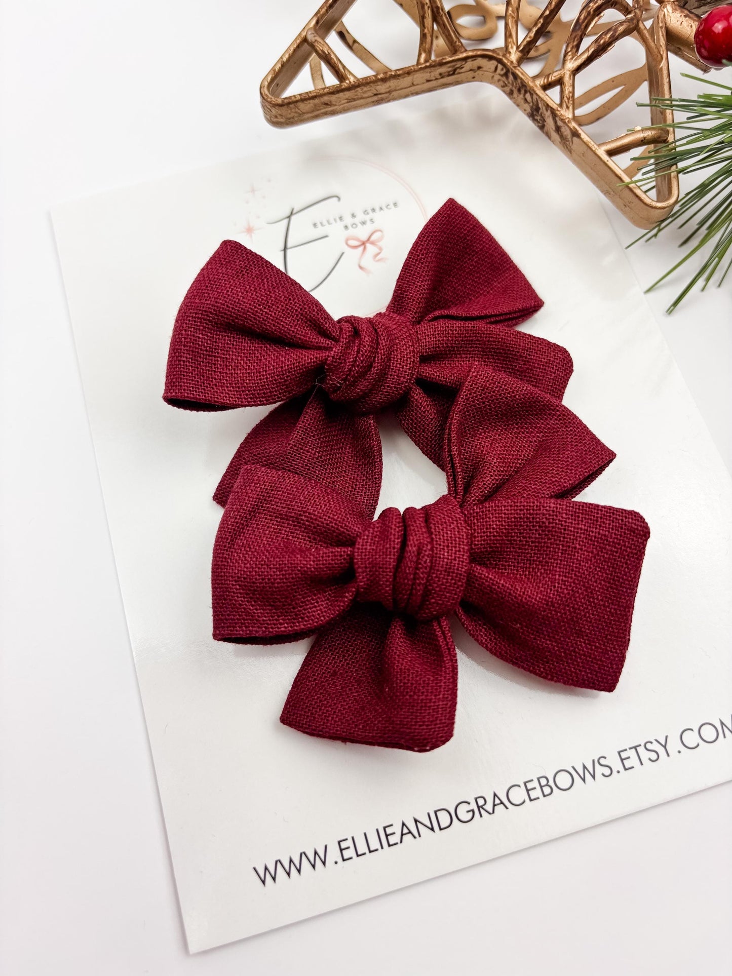Cotton Linen Burgundy Toddler Girl Pigtail Bows