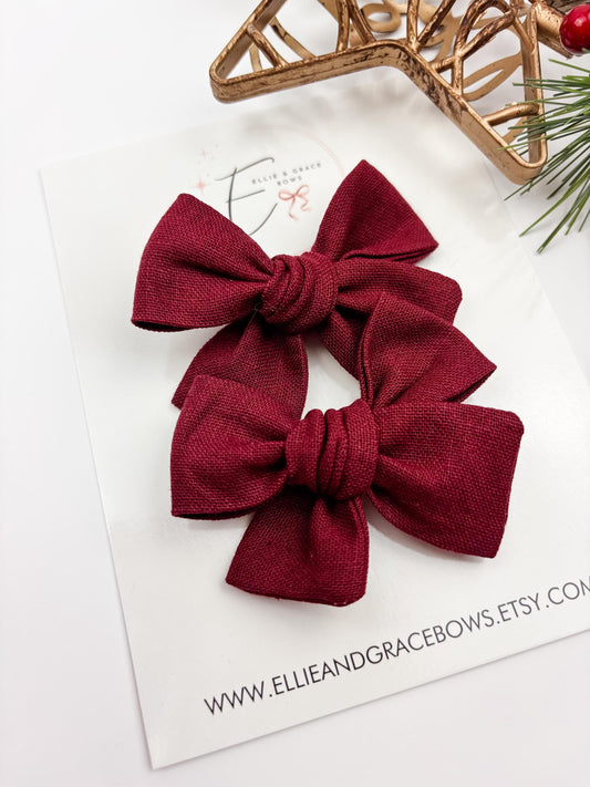 Cotton Linen Burgundy Toddler Girl Pigtail Bows