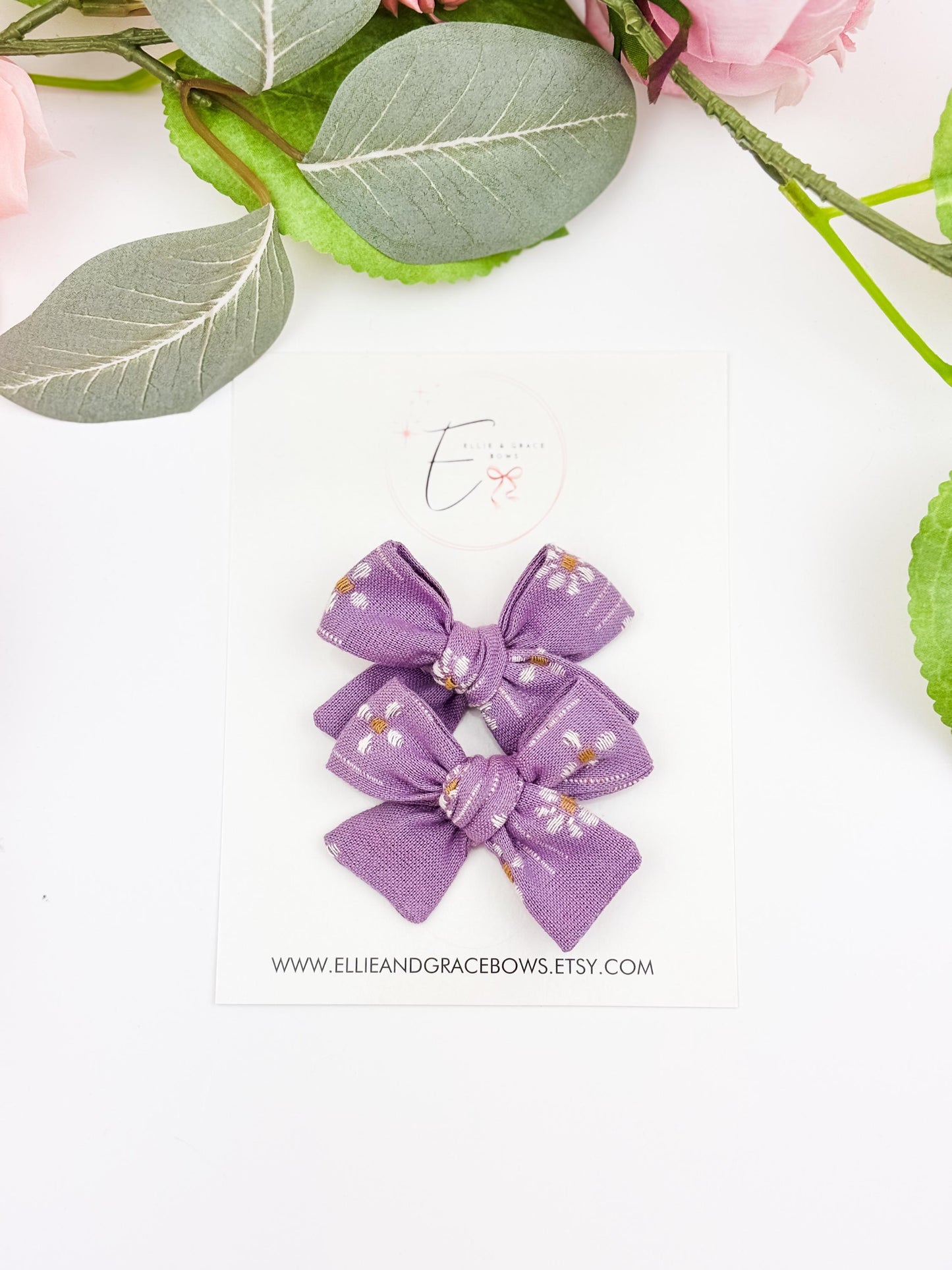 Purple Floral Sailor Bow for Girls - Pigtail Bow Set - Spring Hair Clips