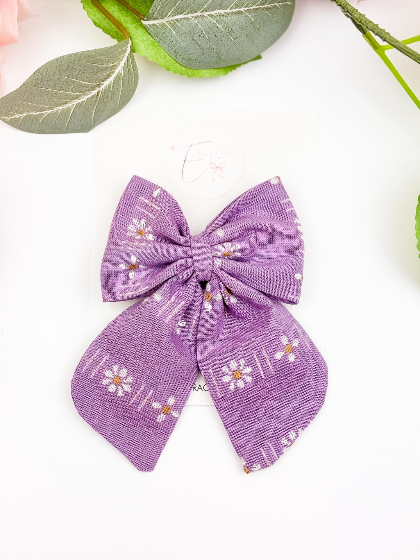 Purple Floral Sailor Bow for Girls - Pigtail Bow Set - Spring Hair Clips
