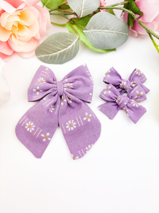 Purple Floral Sailor Bow for Girls - Pigtail Bow Set - Spring Hair Clips