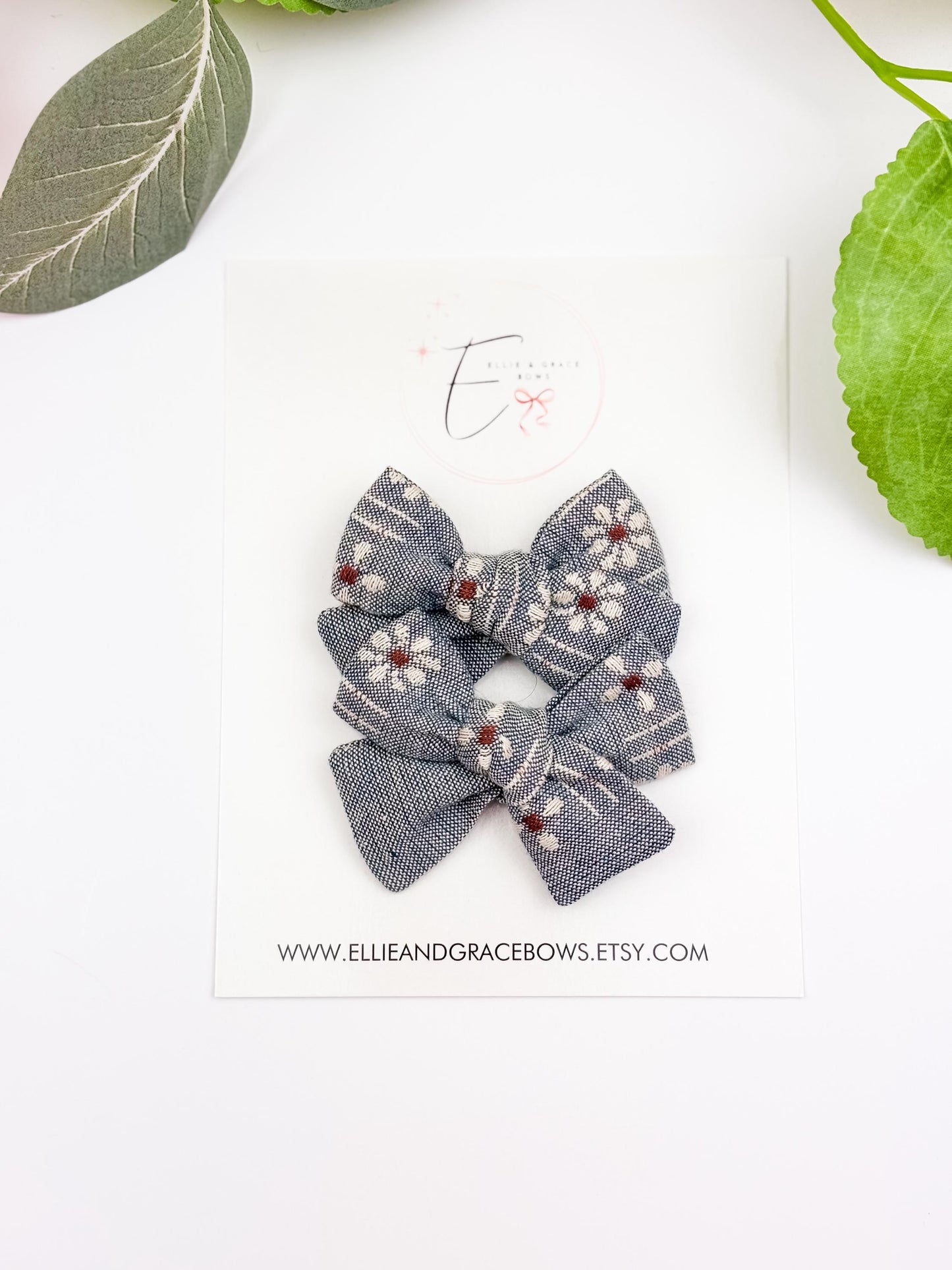 Blue Floral Pigtail Bow Set - Bows for Girls - Sailor Bows