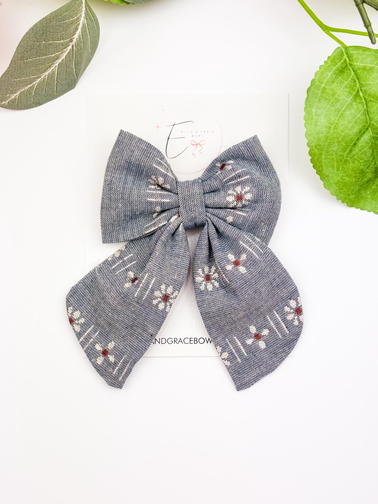 Blue Floral Pigtail Bow Set - Bows for Girls - Sailor Bows