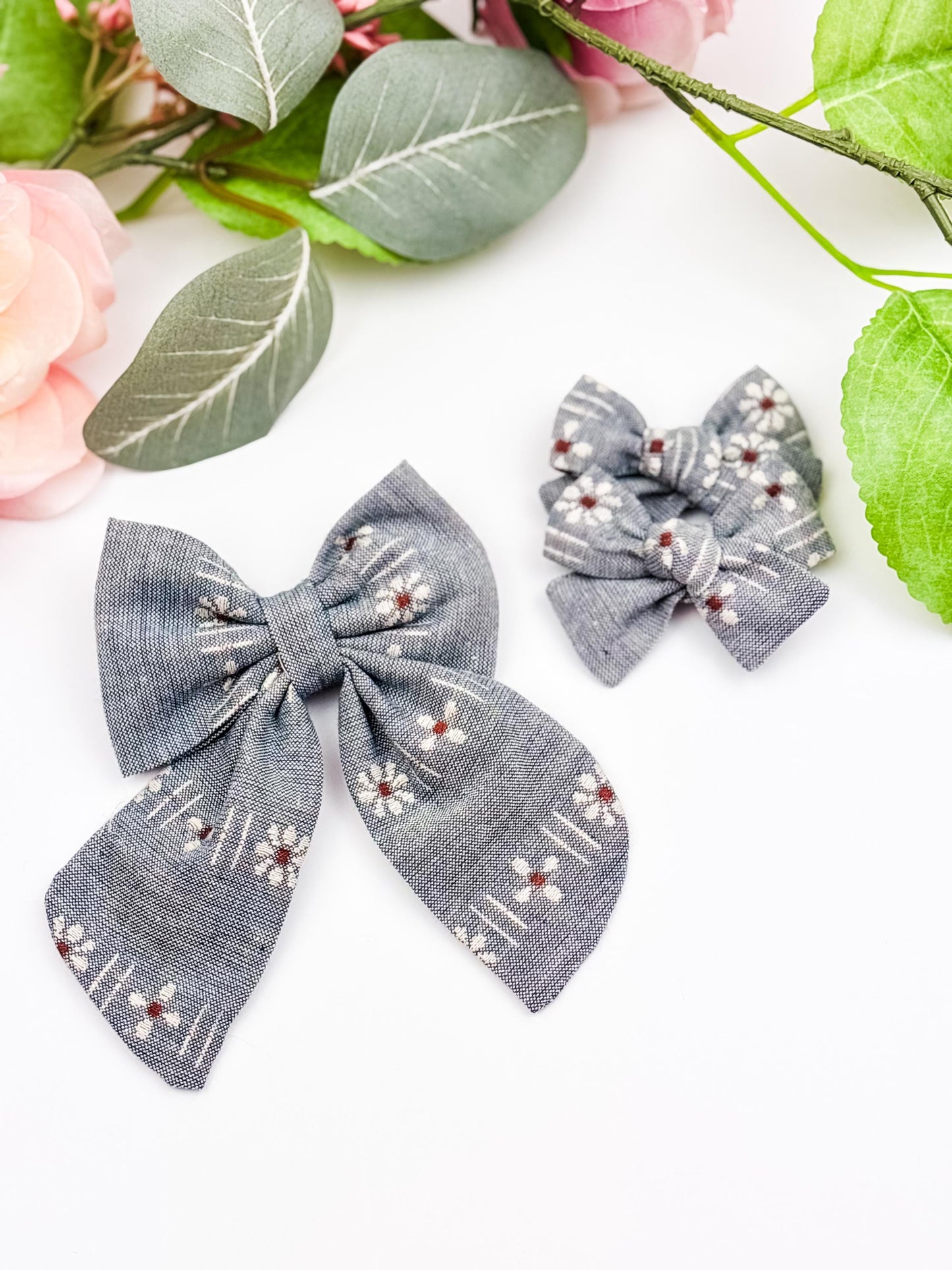 Blue Floral Pigtail Bow Set - Bows for Girls - Sailor Bows