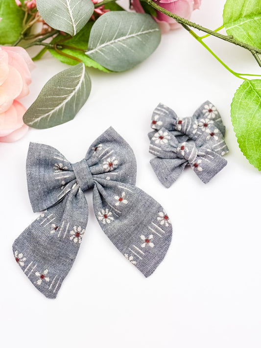 Blue Floral Pigtail Bow Set - Bows for Girls - Sailor Bows