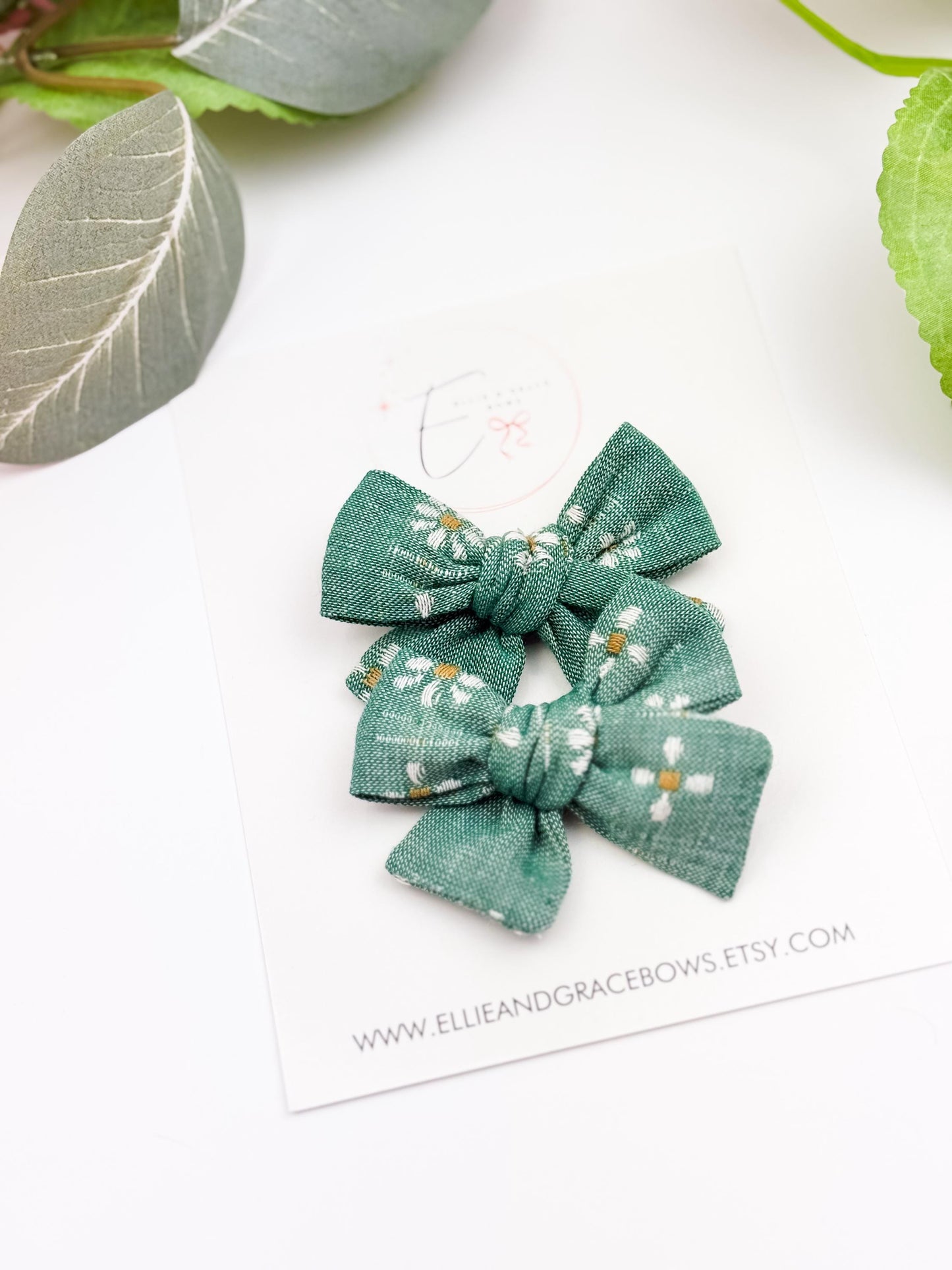 Handmade Green Floral Bow: Easter Sailor Bow or Pigtail Set