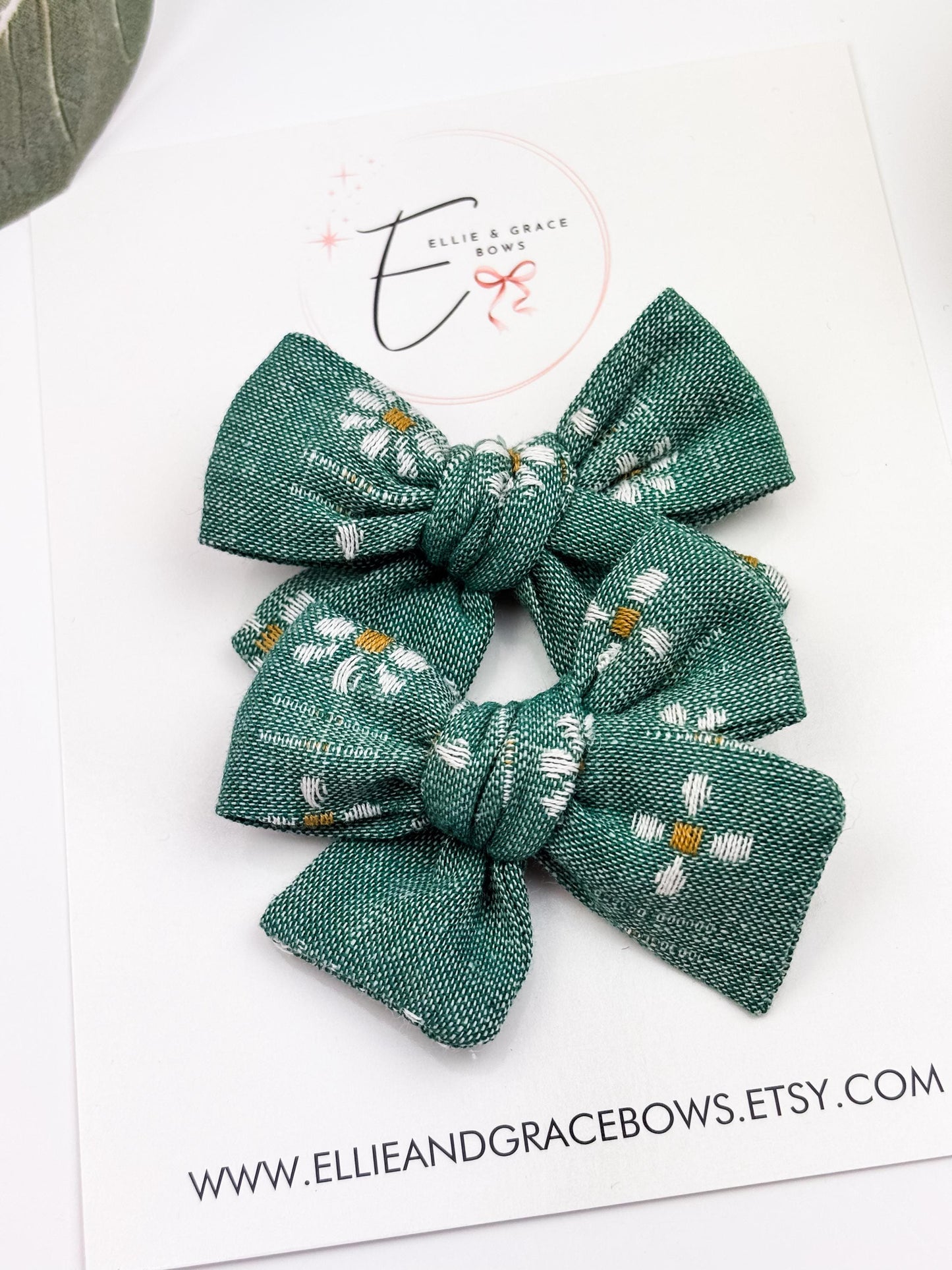 Handmade Green Floral Bow: Easter Sailor Bow or Pigtail Set