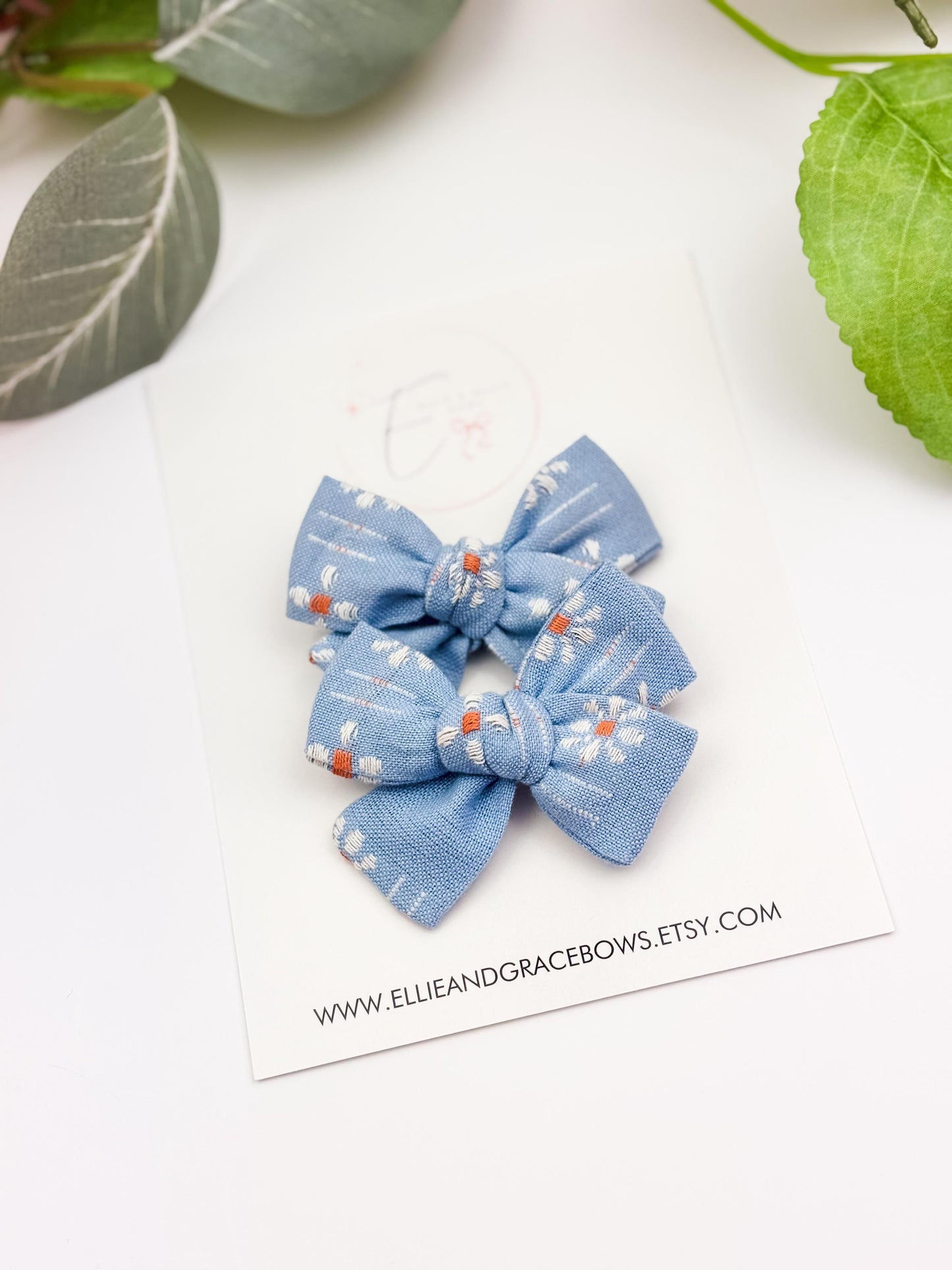 Light Blue Floral Pigtail Bow Set - Chunky Pinwheel Baby Bow
