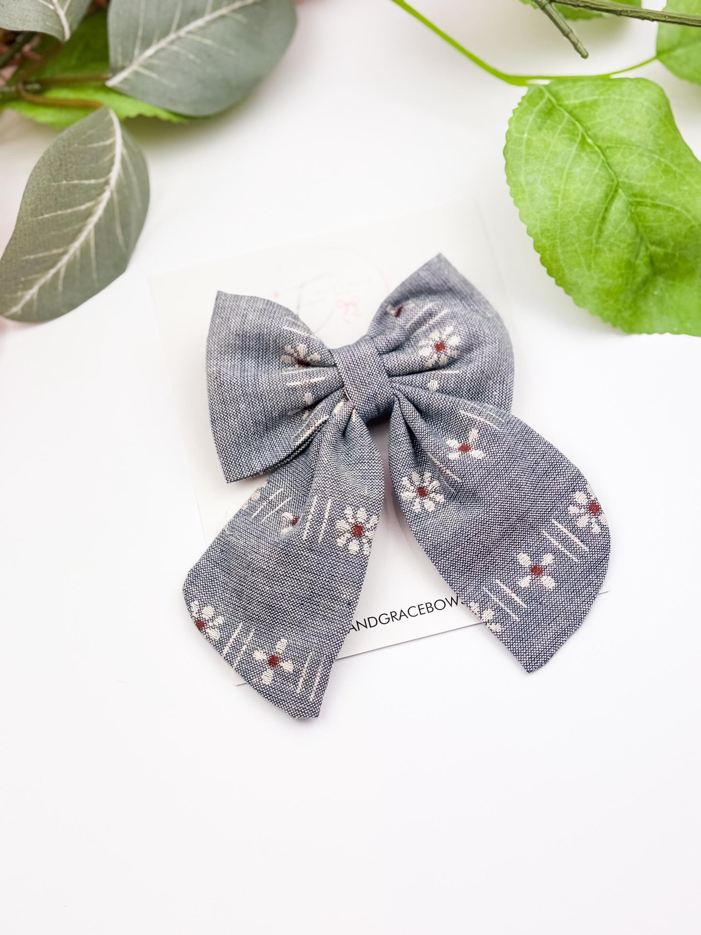 Blue Floral Pigtail Bow Set - Bows for Girls - Sailor Bows