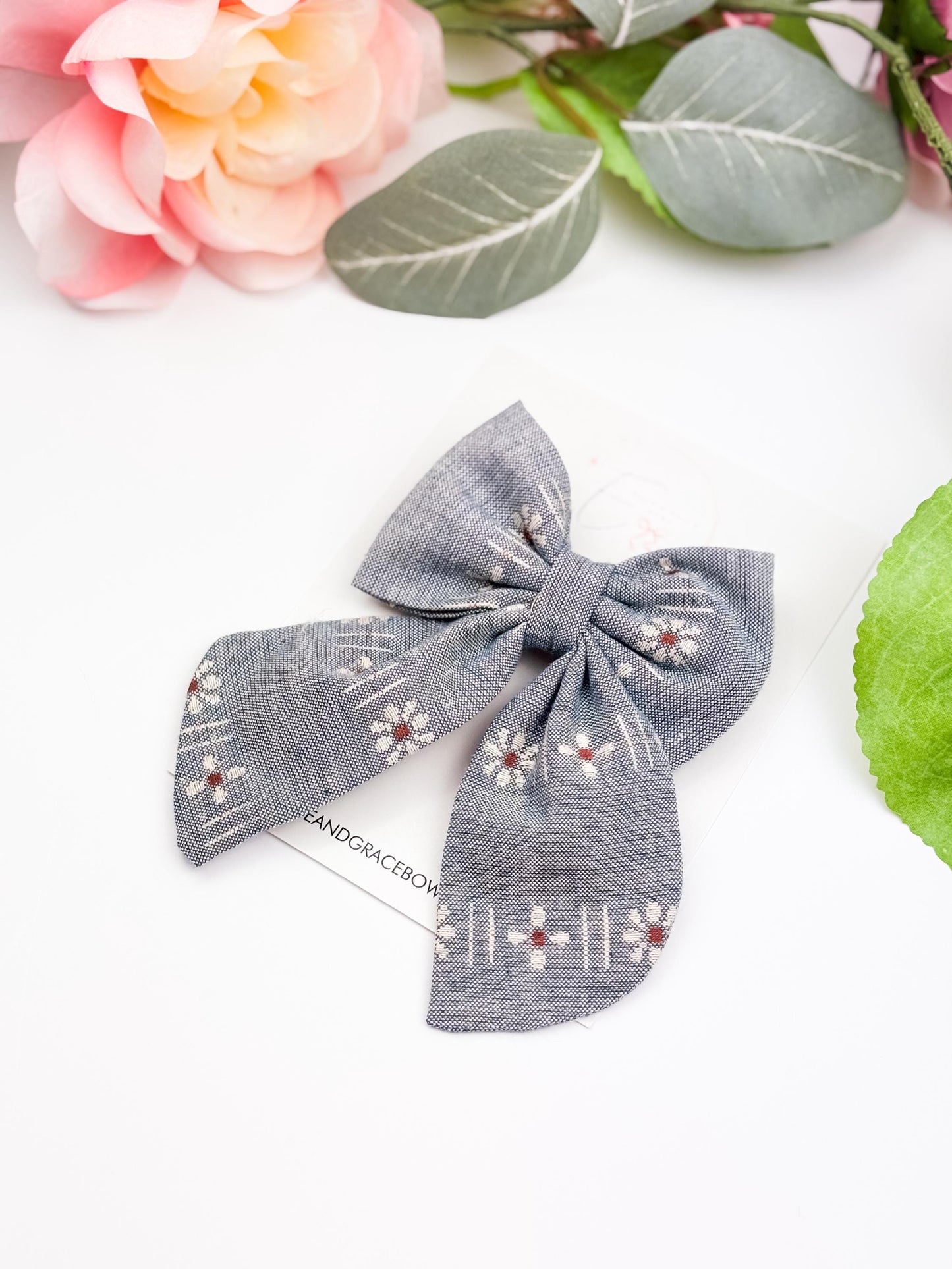 Blue Floral Pigtail Bow Set - Bows for Girls - Sailor Bows