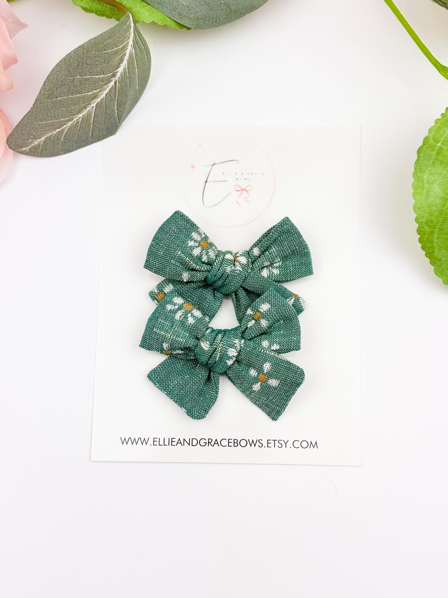 Handmade Green Floral Bow: Easter Sailor Bow or Pigtail Set