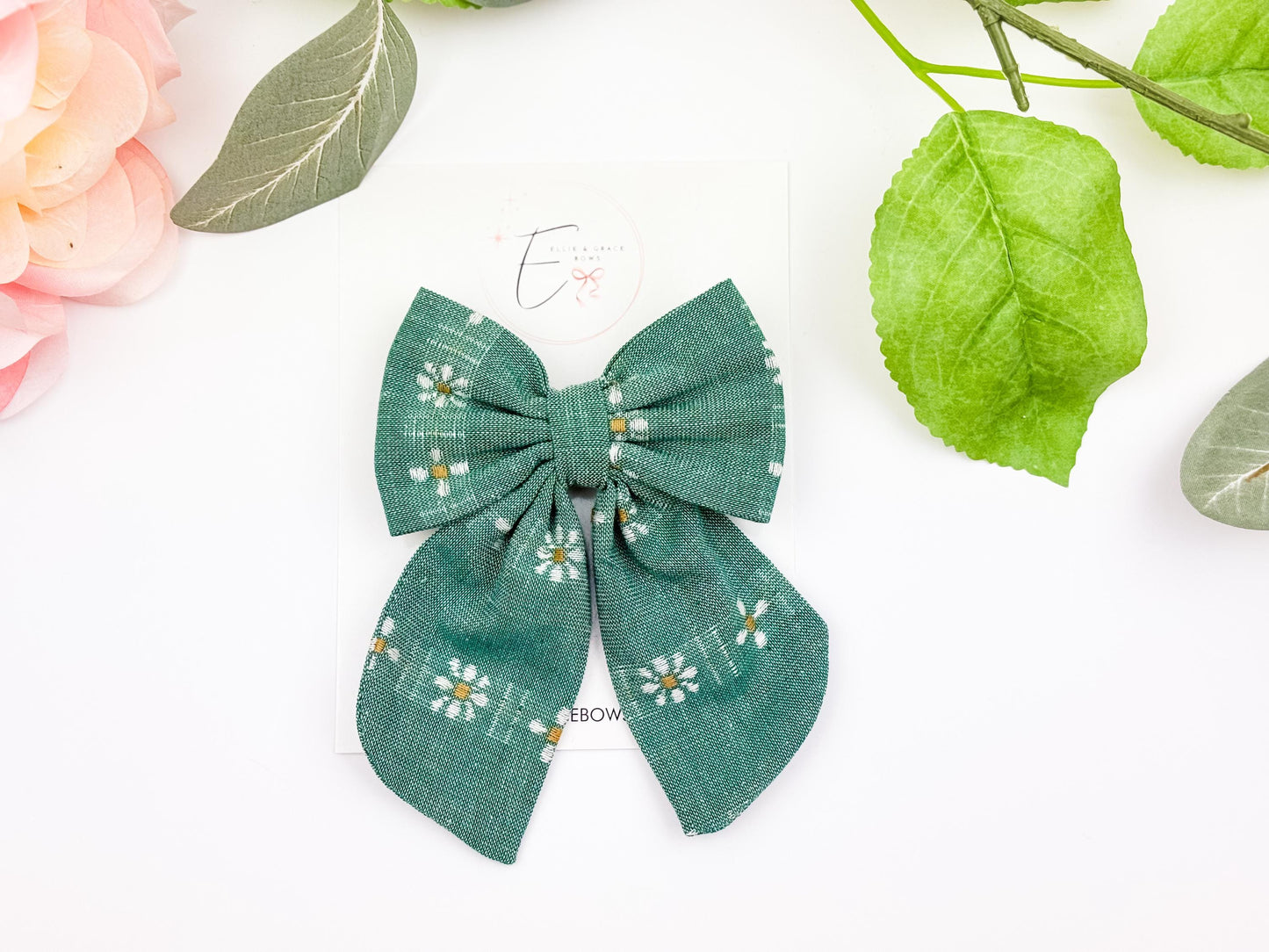 Handmade Green Floral Bow: Easter Sailor Bow or Pigtail Set