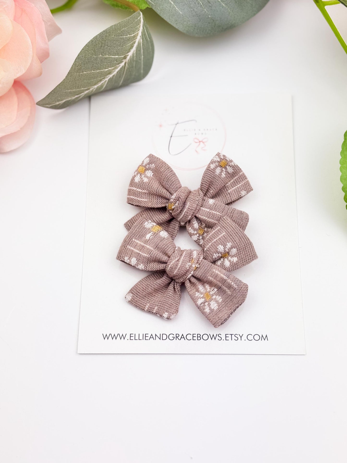 Floral Cotton Pigtail Bow Set: Light Brown Baby Hair Bows