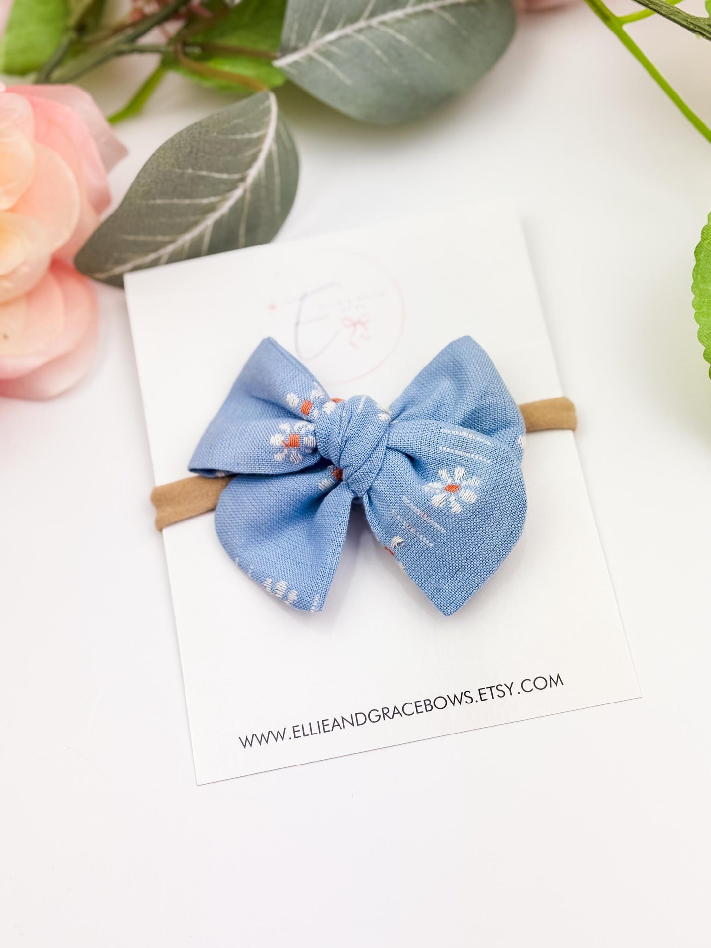 Light Blue Floral Pigtail Bow Set - Chunky Pinwheel Baby Bow