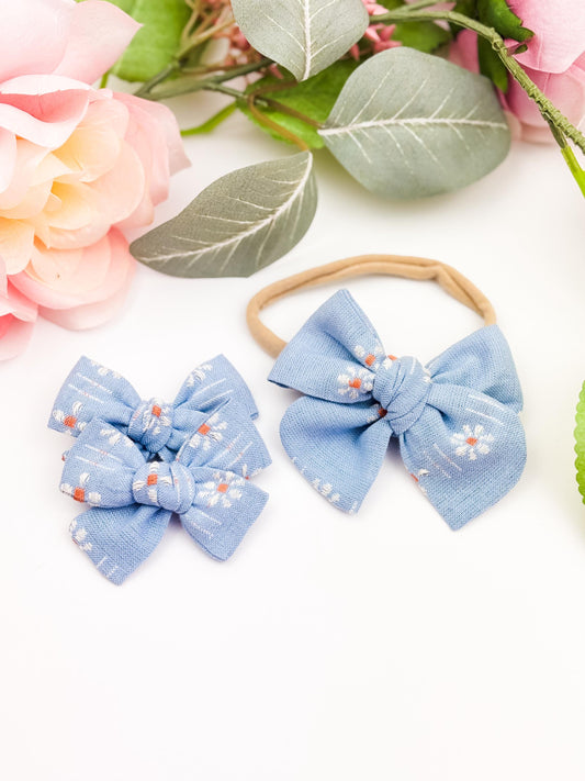 Light Blue Floral Pigtail Bow Set - Chunky Pinwheel Baby Bow