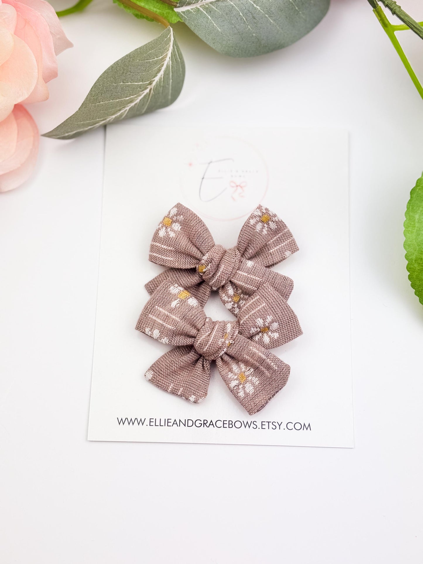 Floral Cotton Pigtail Bow Set: Light Brown Baby Hair Bows