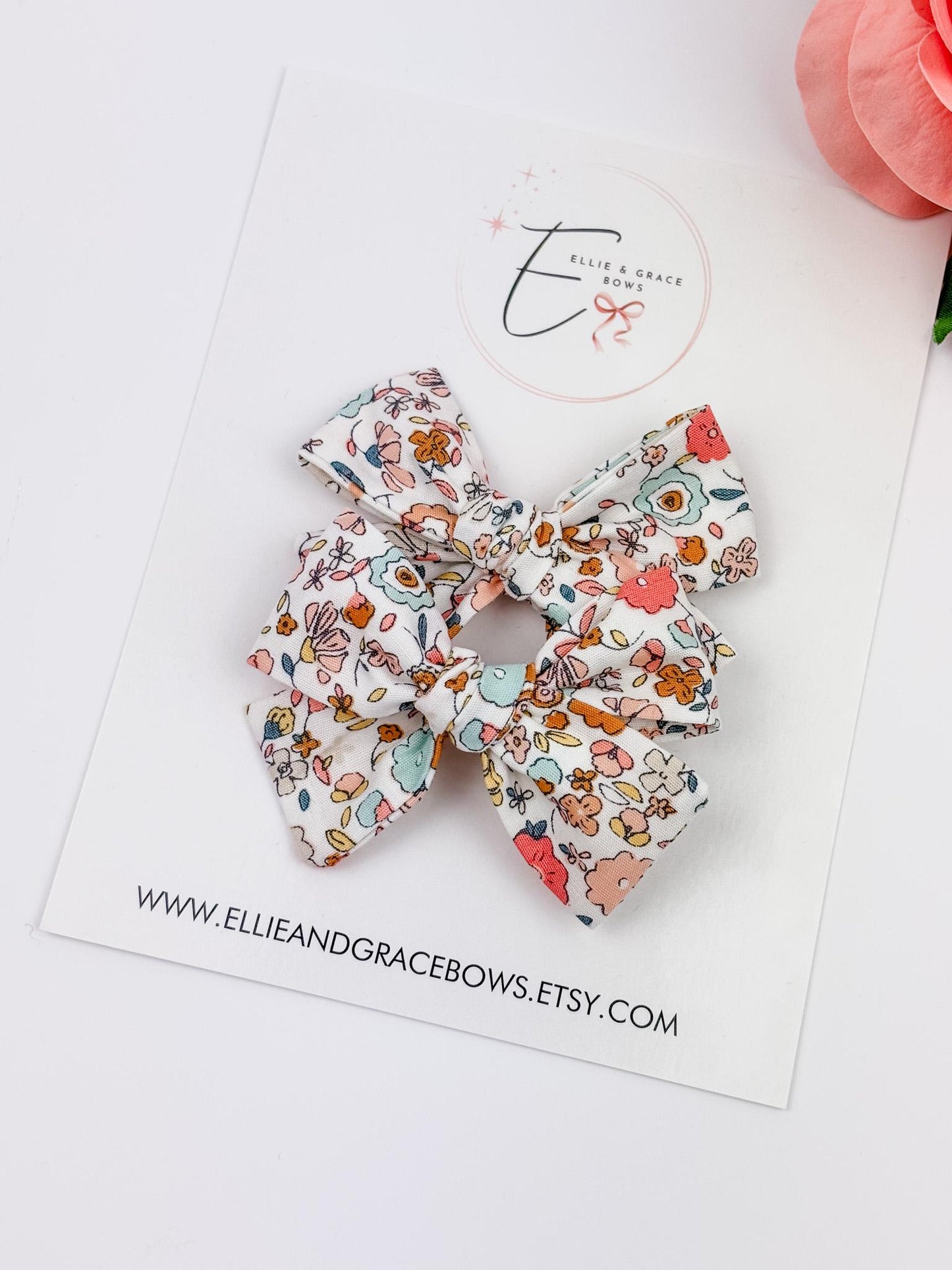 Floral Cotton Pigtail Bows - Set of 2 - Baby Hair Clips or Headbands