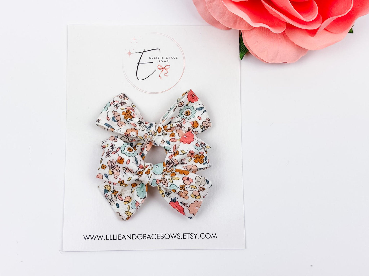 Floral Cotton Pigtail Bows - Set of 2 - Baby Hair Clips or Headbands