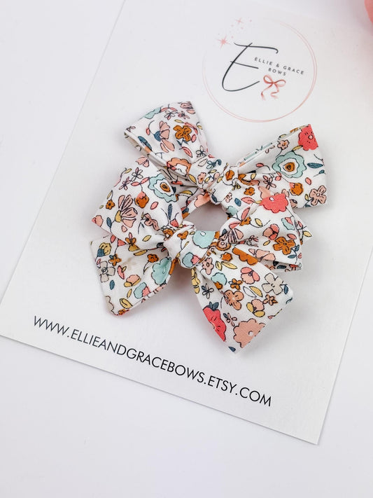 Floral Cotton Pigtail Bows - Set of 2 - Baby Hair Clips or Headbands