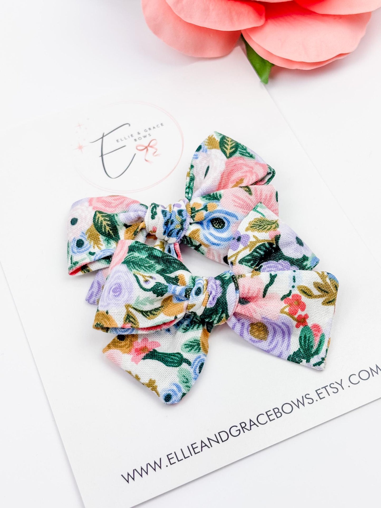 Floral Cotton Pigtail Bows - Set of 2 - Baby Girl Hair Clips or Headbands
