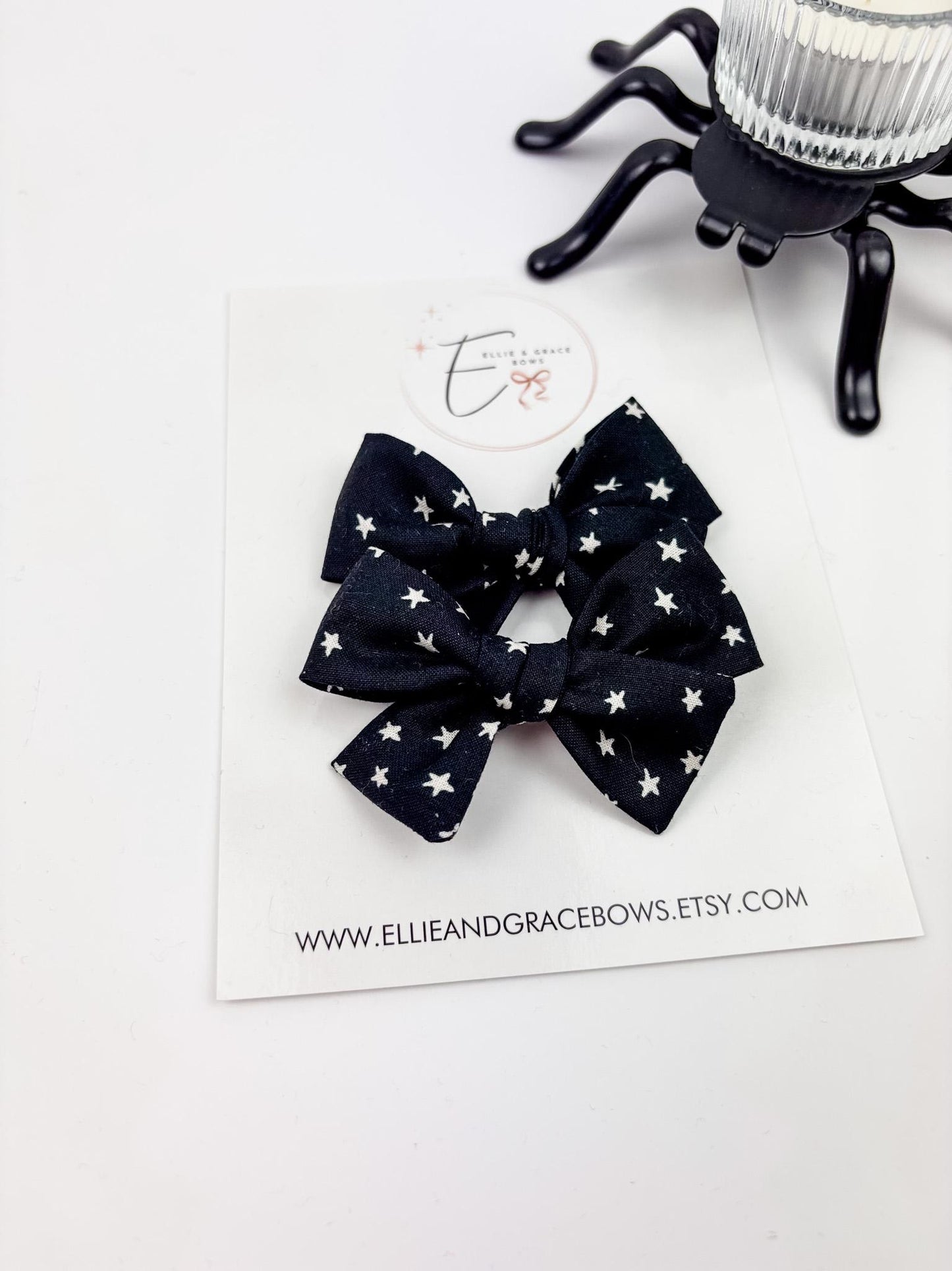 Black Star Cotton Hair Bow | 2.75” Handmade Hair Clip or Nylon Headband | Single or Pigtail Set | Toddler & Baby Bows