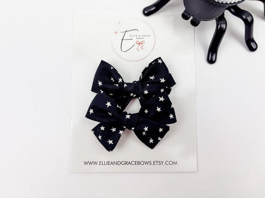 Black Star Cotton Hair Bow | 2.75” Handmade Hair Clip or Nylon Headband | Single or Pigtail Set | Toddler & Baby Bows