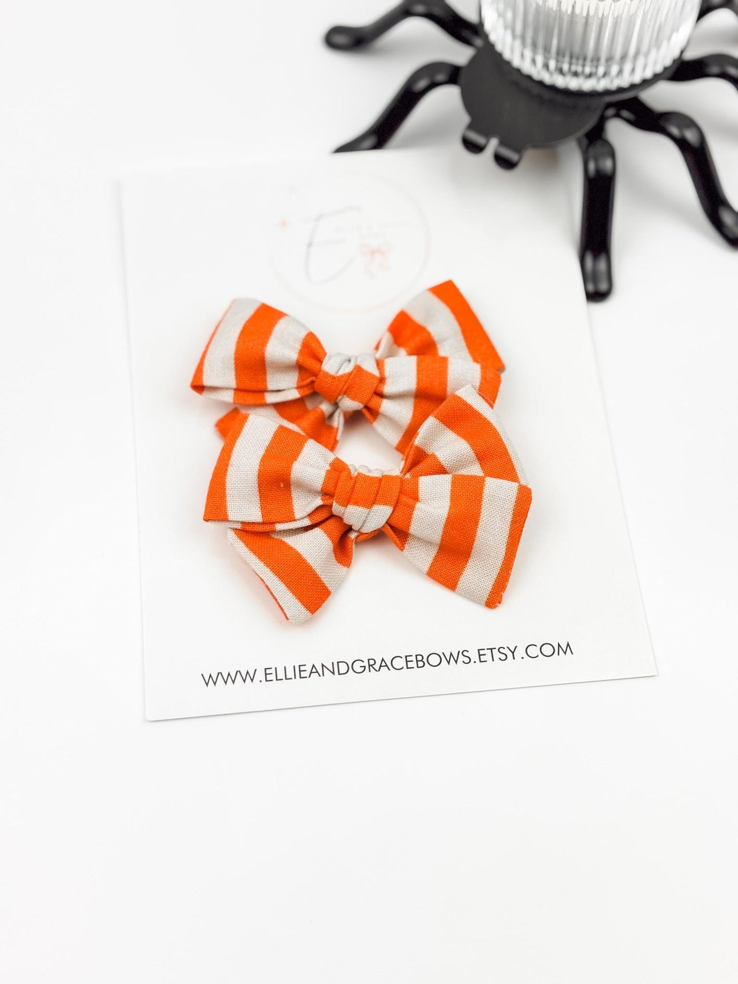 Halloween Cotton Pigtail Bow Set - Orange & White Stripe Hair Bows