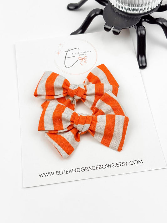 Halloween Cotton Pigtail Bow Set - Orange & White Stripe Hair Bows