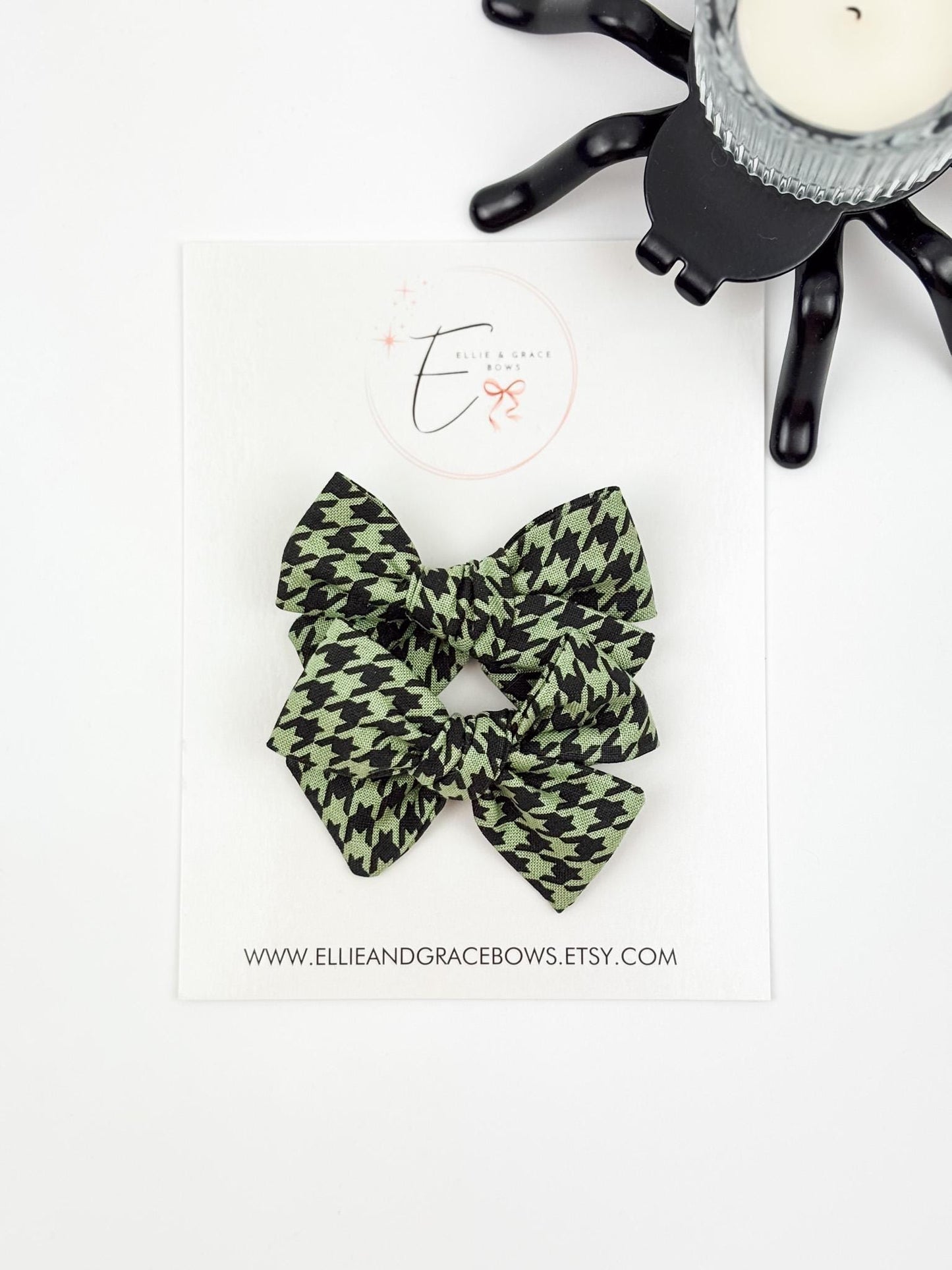 Halloween Houndstooth Pigtail Bows Set | Green & Black Cotton Hair Accessories for Girls