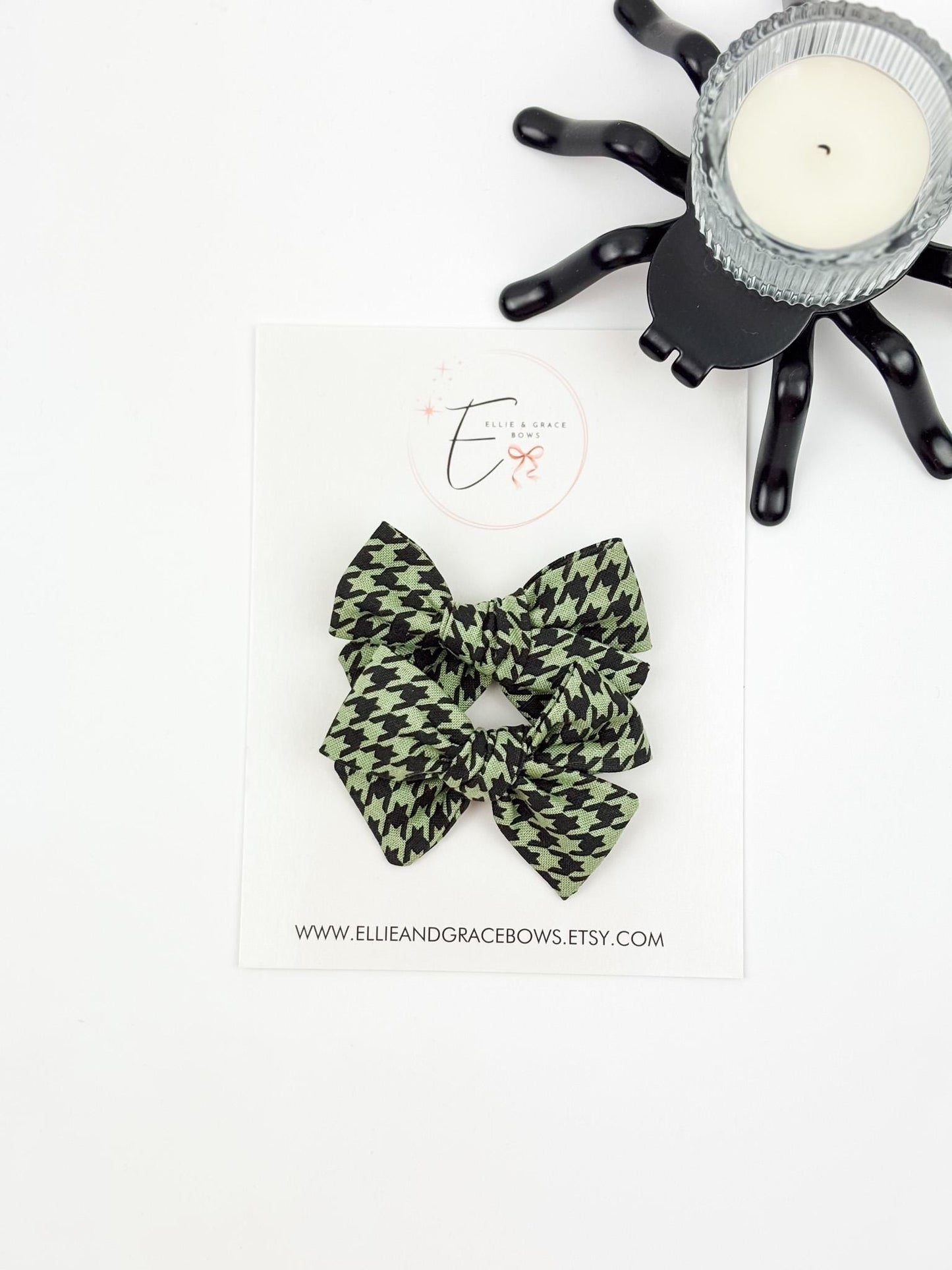 Halloween Houndstooth Pigtail Bows Set | Green & Black Cotton Hair Accessories for Girls