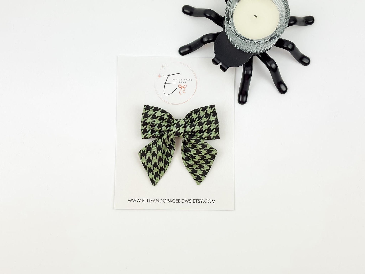Halloween Cotton Pigtail Bow Set | Green & Black Houndstooth Hair Bows