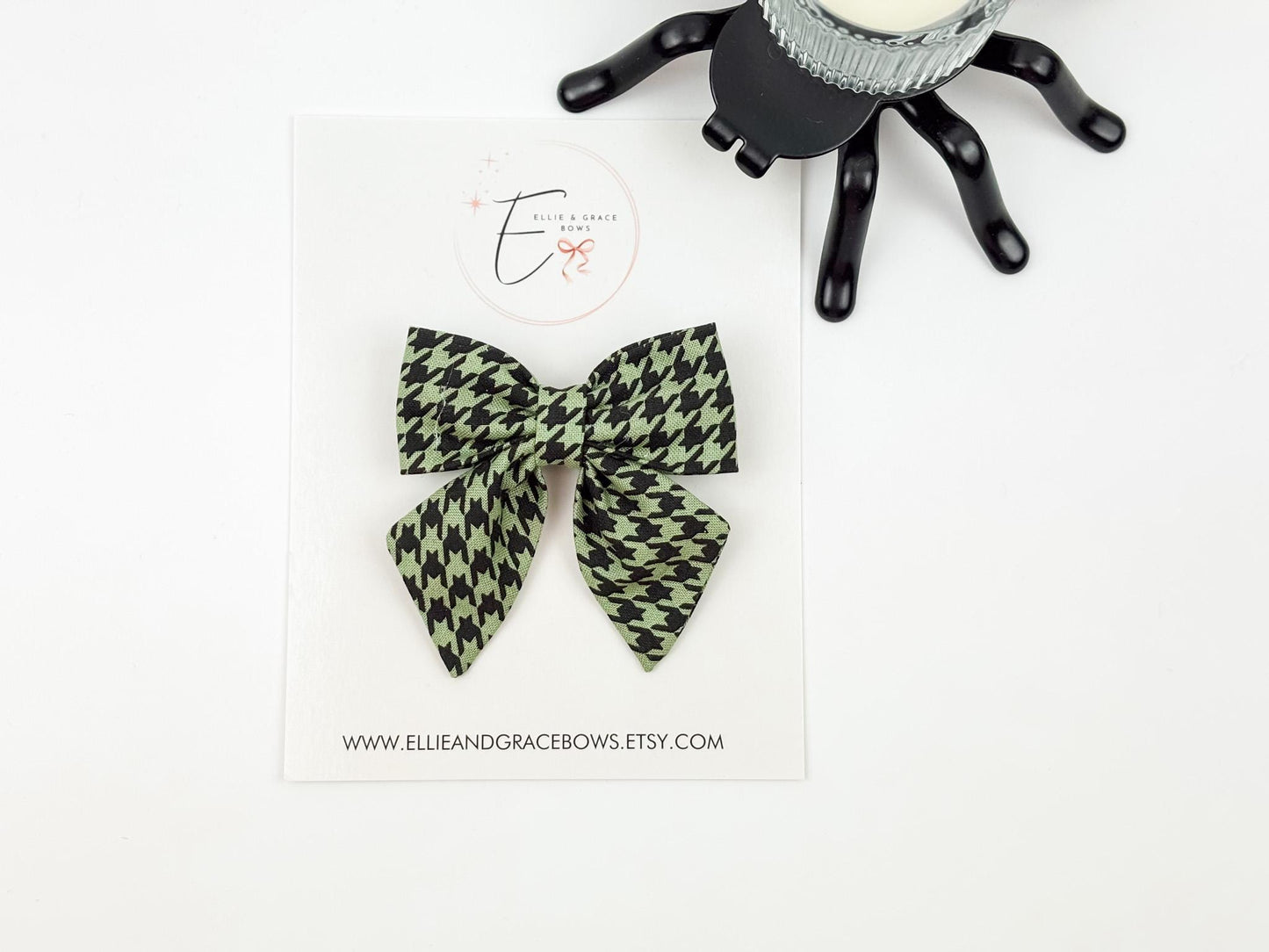 Halloween Cotton Pigtail Bow Set | Green & Black Houndstooth Hair Bows