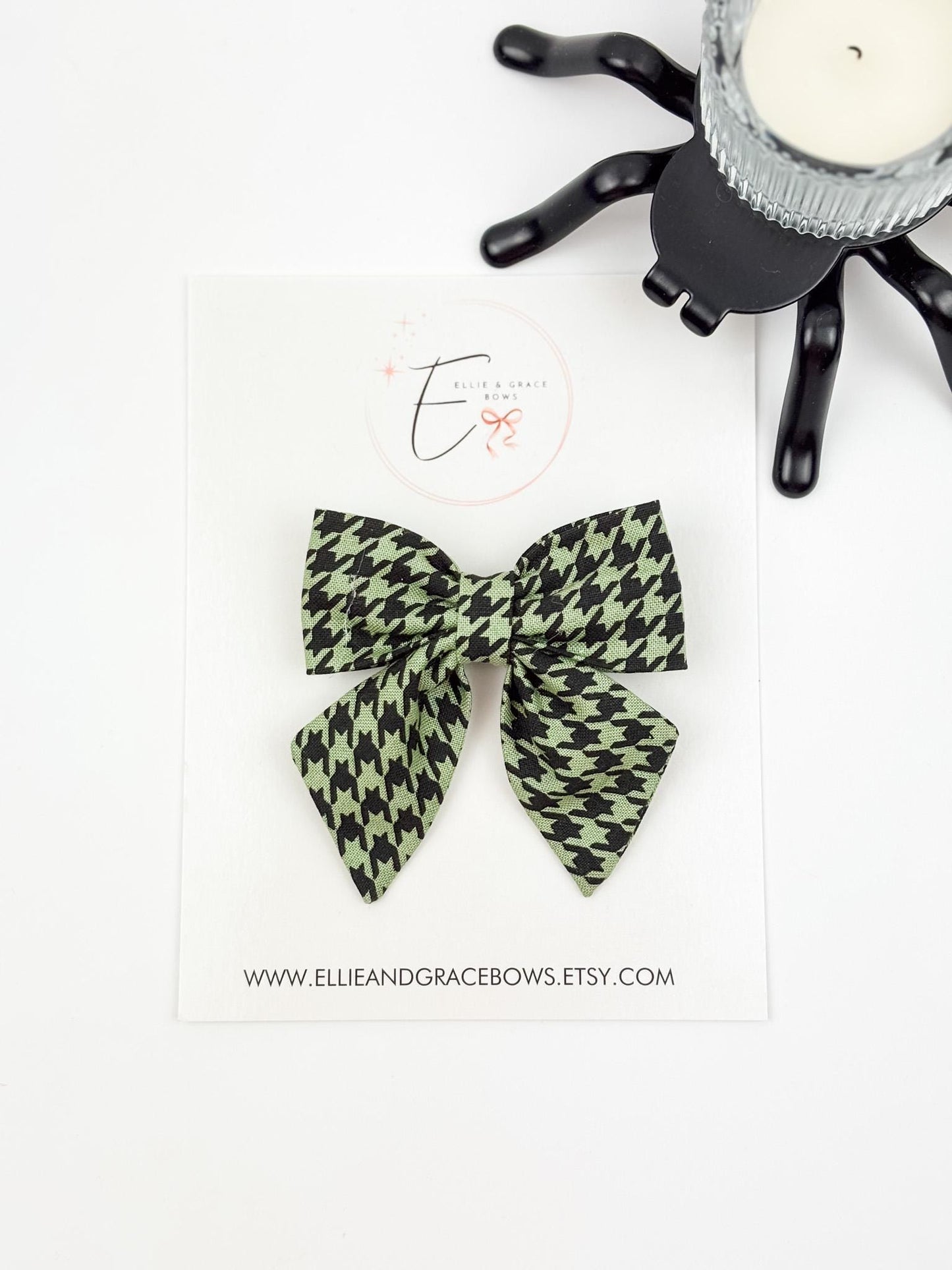 Halloween Cotton Pigtail Bow Set | Green & Black Houndstooth Hair Bows