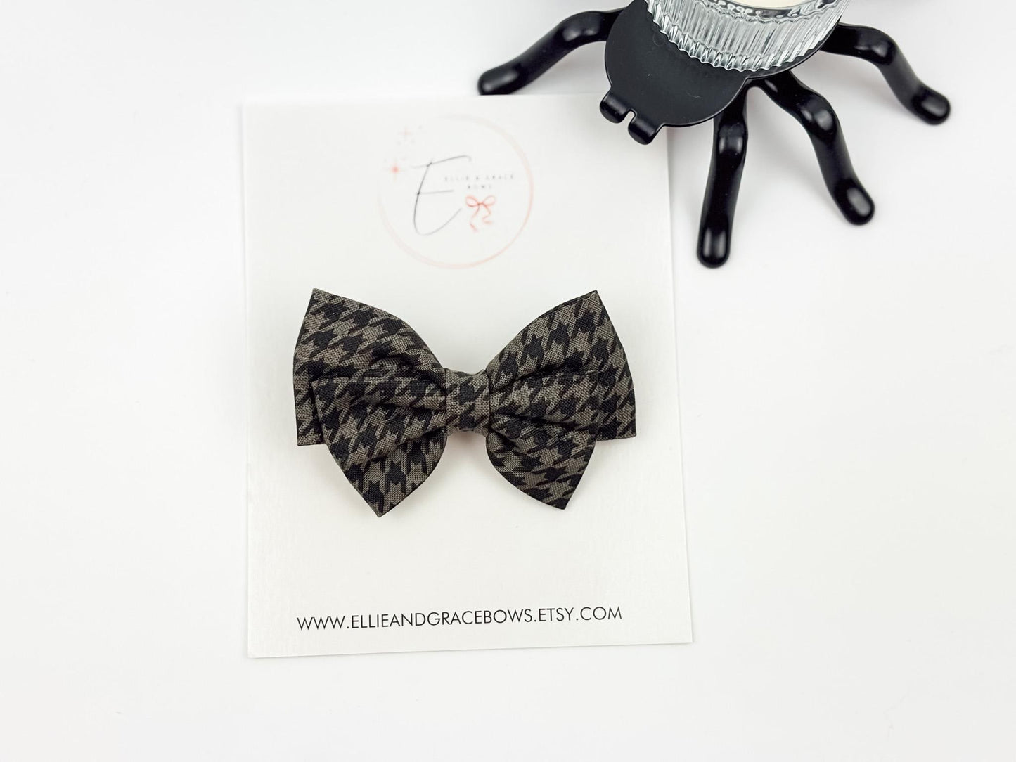 Halloween Cotton Hair Bow | Black & Gray Houndstooth Bow or Pigtail Set