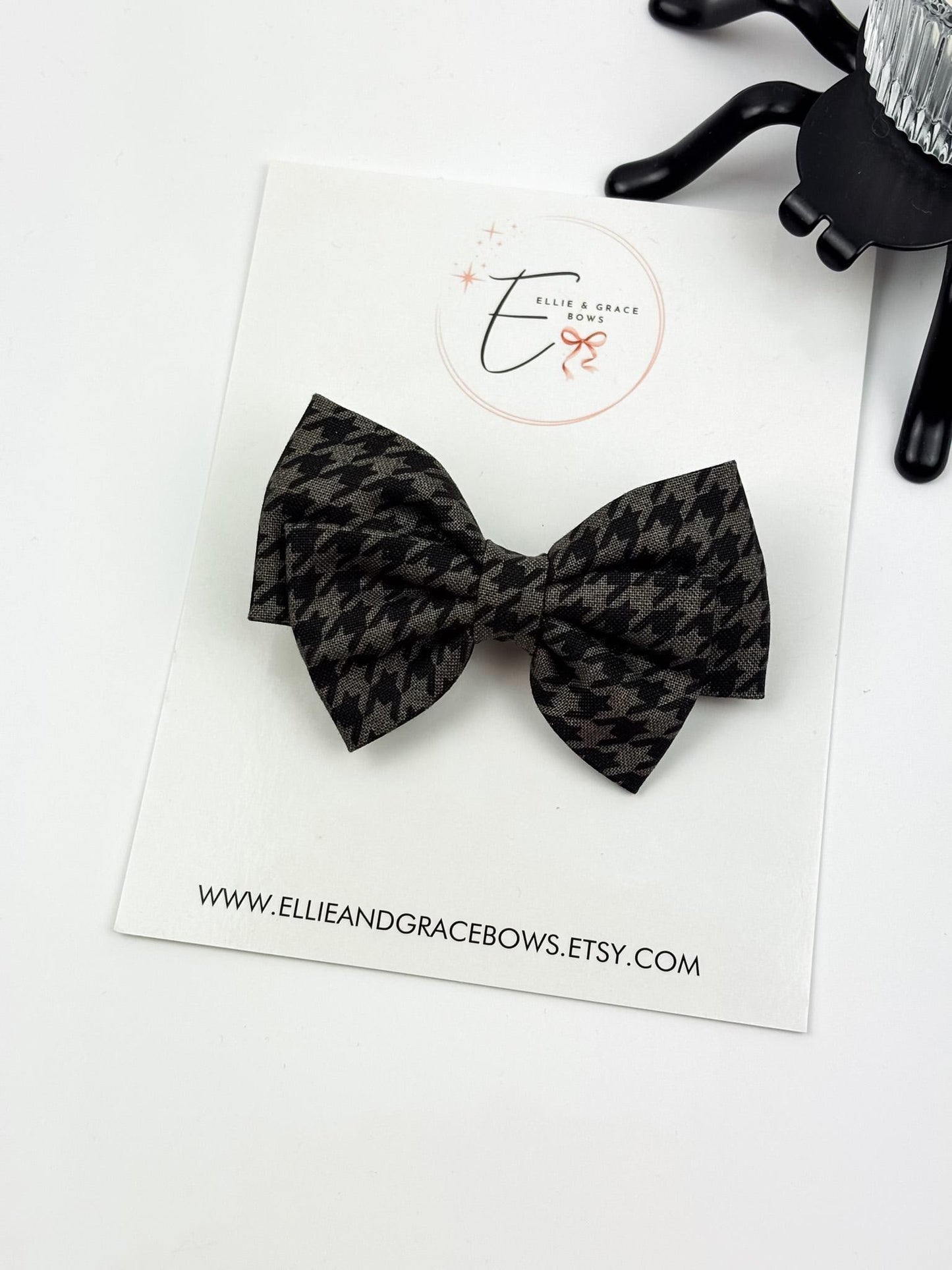 Halloween Cotton Hair Bow | Black & Gray Houndstooth Bow or Pigtail Set
