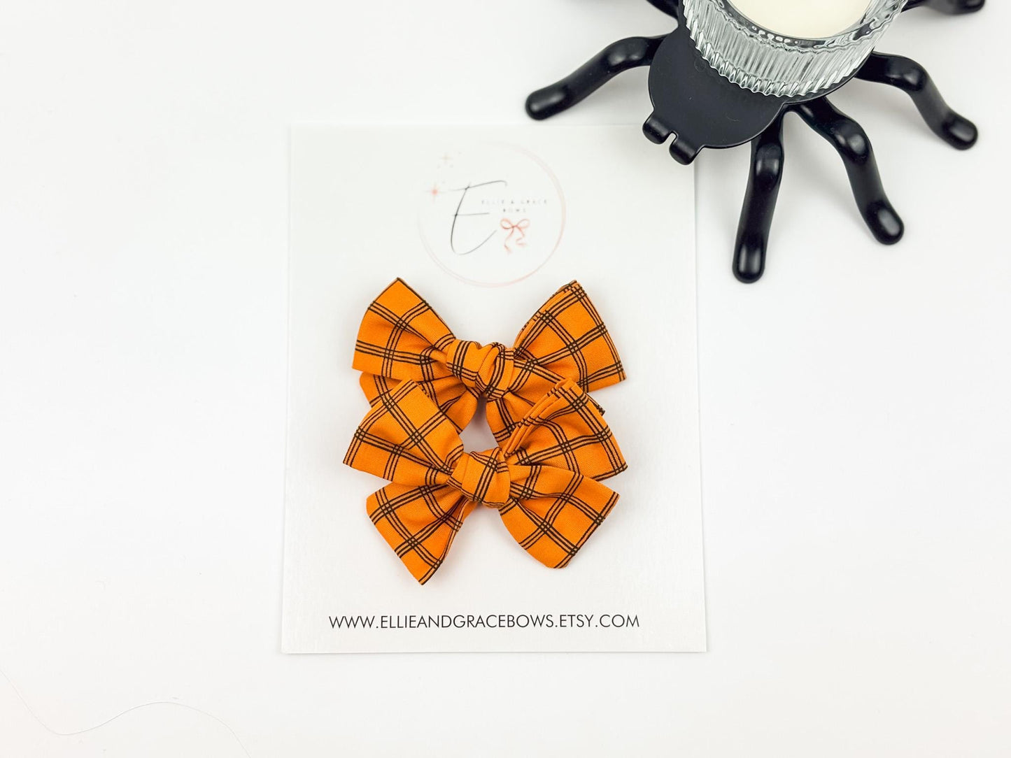 Halloween Cotton Pigtail Bow Set | Orange Plaid Hair Bows