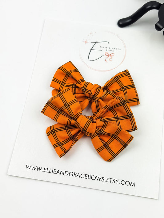 Halloween Cotton Pigtail Bow Set | Orange Plaid Hair Bows