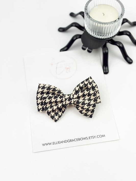 Halloween Cotton Hair Bow | Black & Ivory Houndstooth Bow