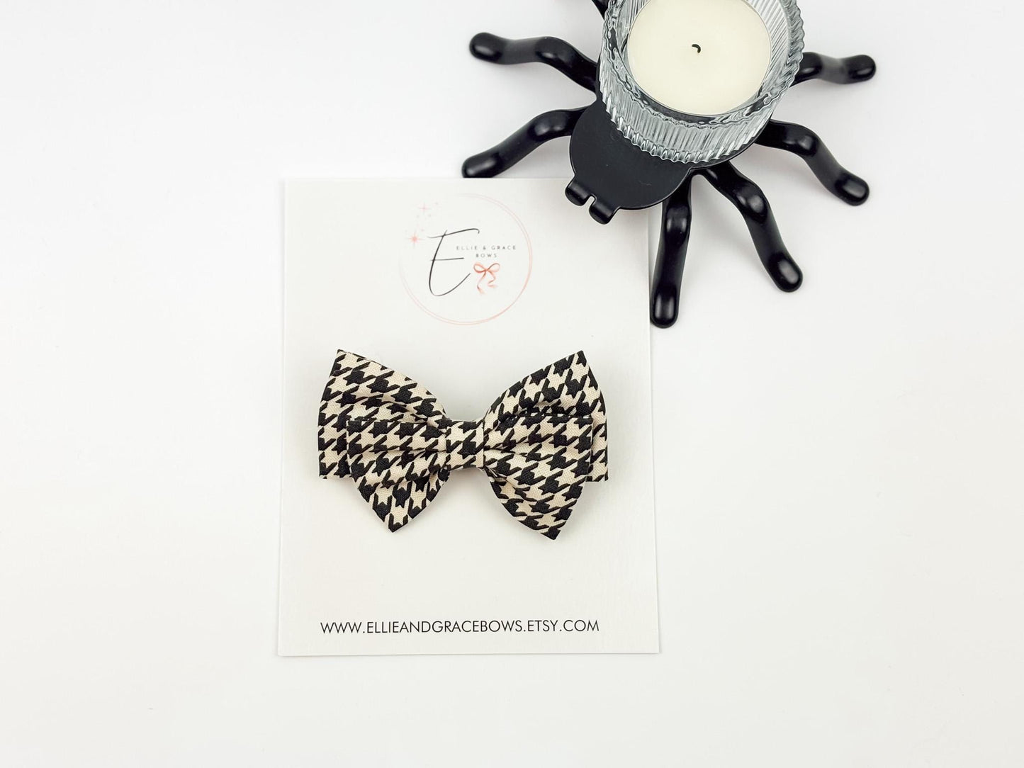Halloween Cotton Hair Bow | Black & Ivory Houndstooth Bow