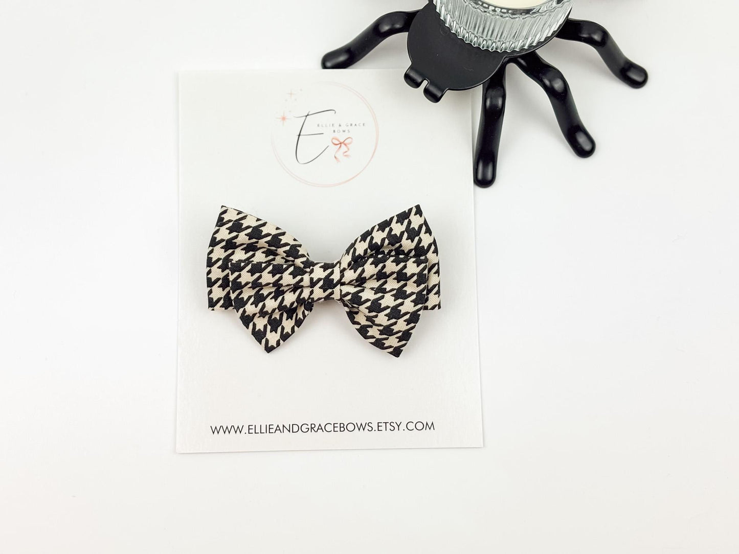 Halloween Cotton Hair Bow | Black & Ivory Houndstooth Bow