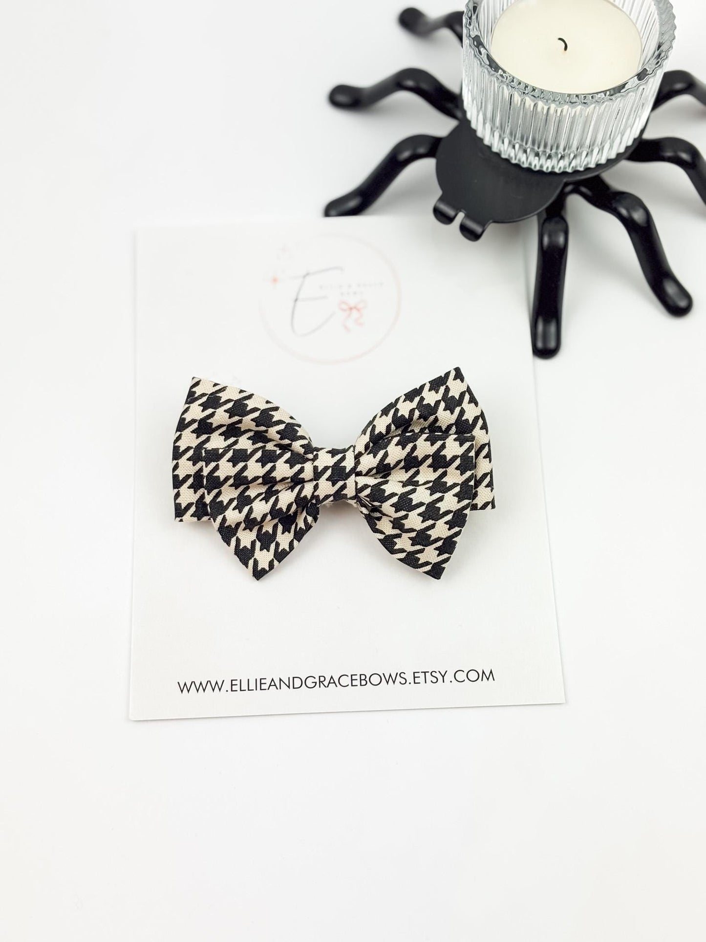 Halloween Cotton Hair Bow | Black & Ivory Houndstooth Bow