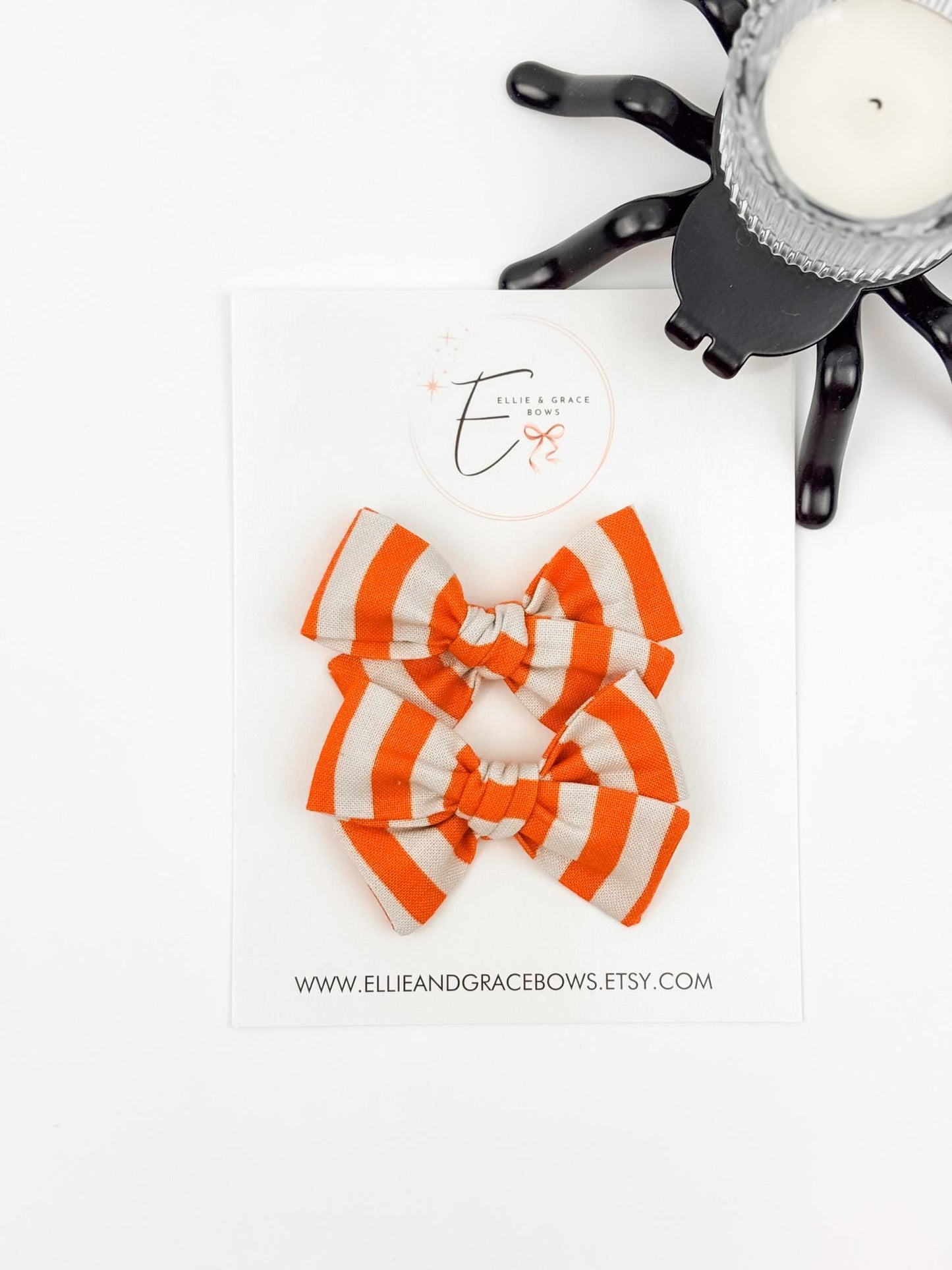 Halloween Cotton Pigtail Bow Set - Orange & White Stripe Hair Bows