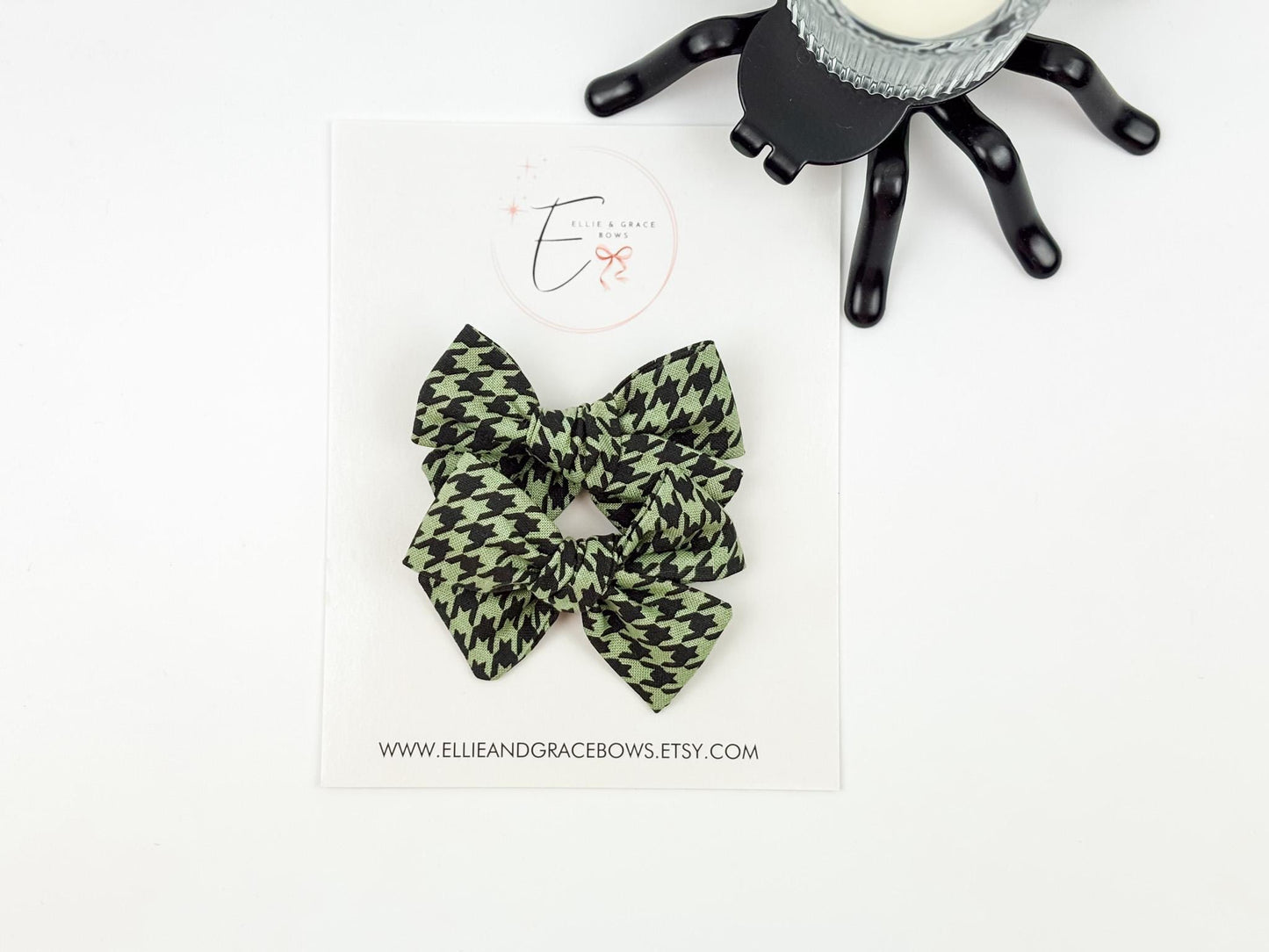 Halloween Houndstooth Pigtail Bows Set | Green & Black Cotton Hair Accessories for Girls
