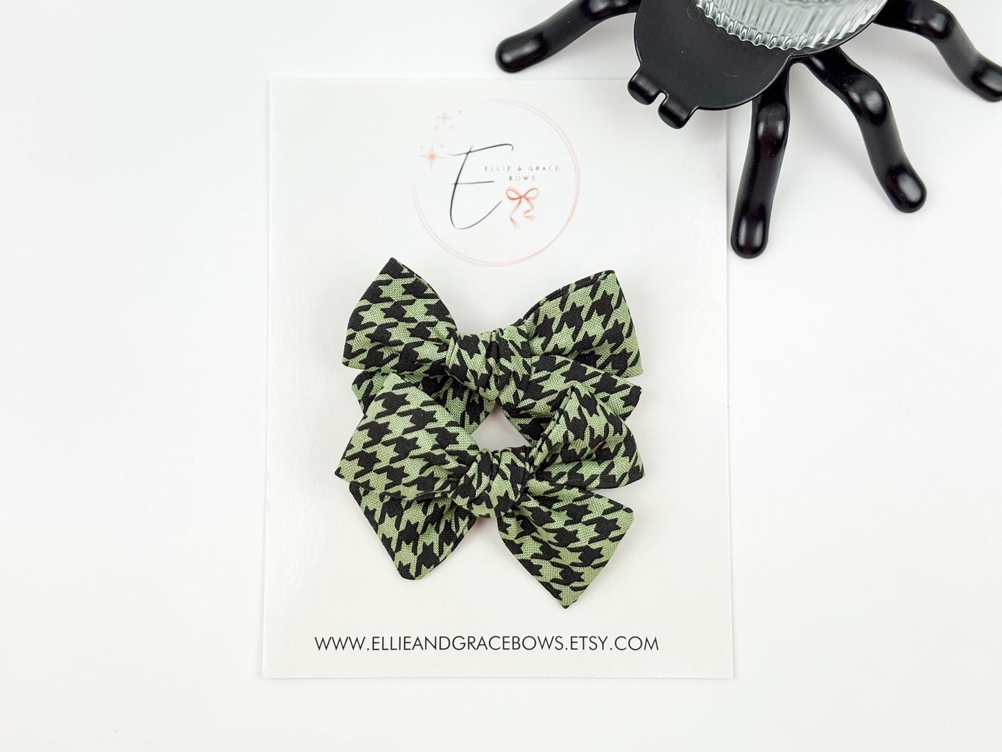 Halloween Houndstooth Pigtail Bows Set | Green & Black Cotton Hair Accessories for Girls