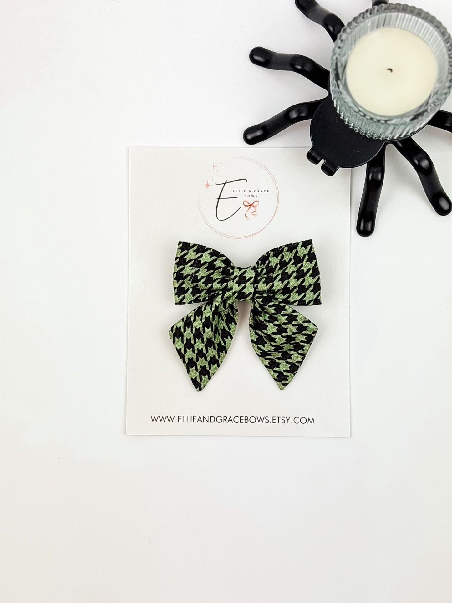 Halloween Cotton Pigtail Bow Set | Green & Black Houndstooth Hair Bows