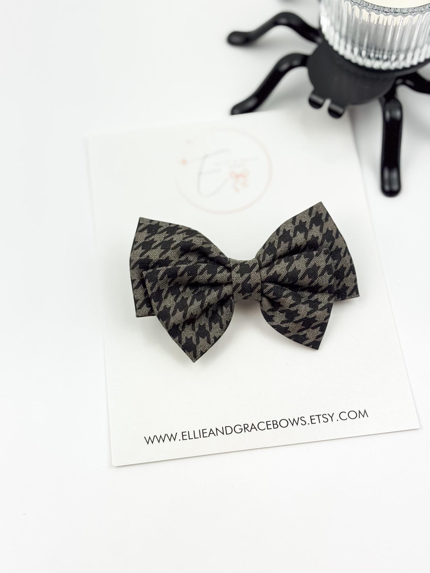 Halloween Cotton Hair Bow | Black & Gray Houndstooth Bow or Pigtail Set