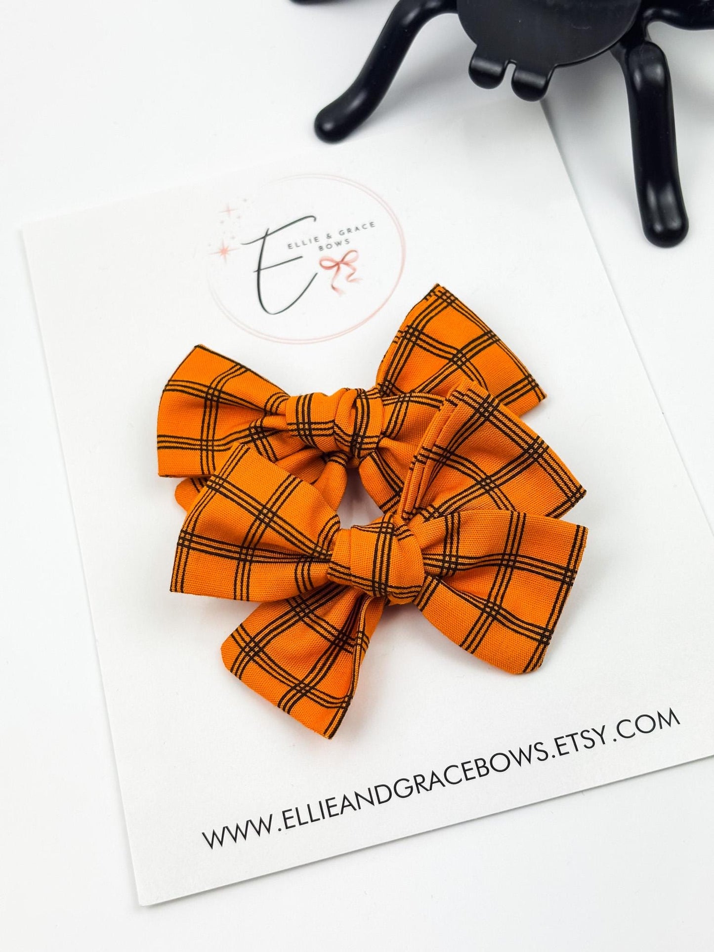 Halloween Cotton Pigtail Bow Set | Orange Plaid Hair Bows