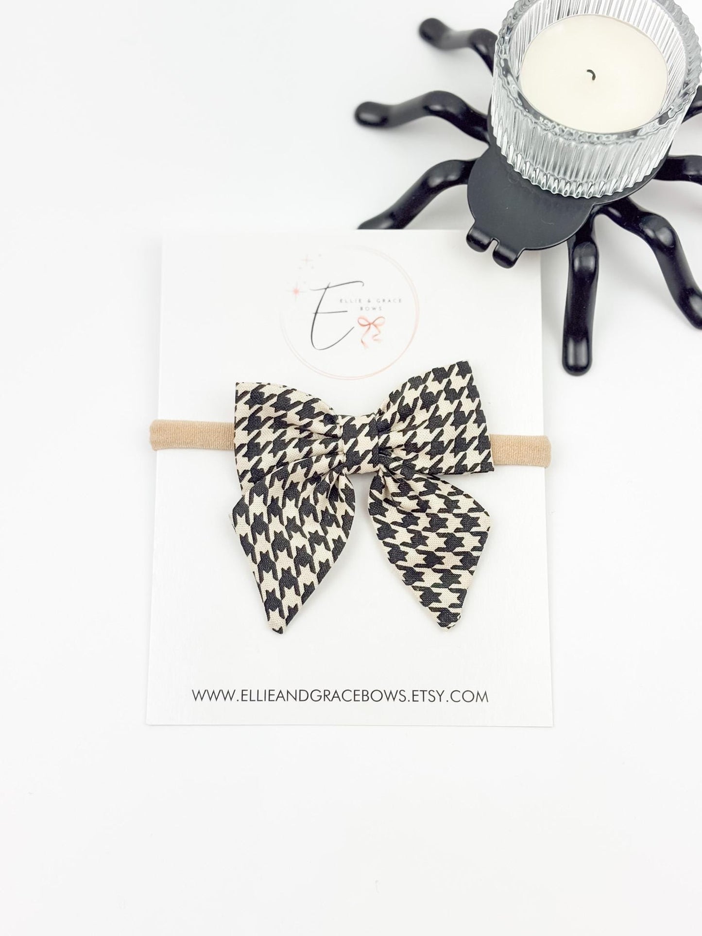 Halloween Cotton Sailor Bow | Black & Ivory Houndstooth Hair Bow