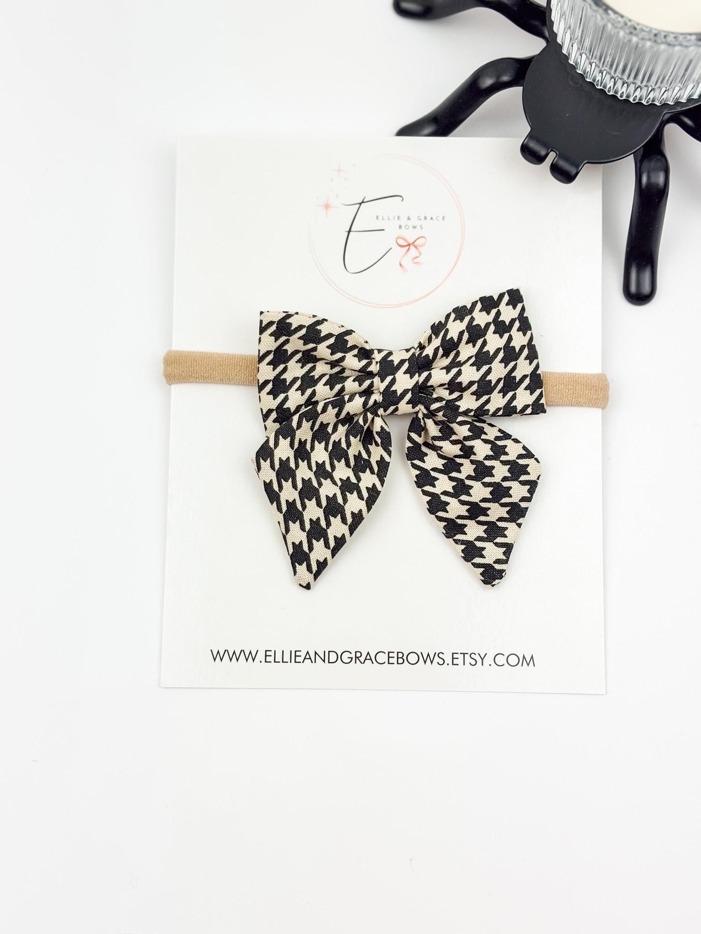 Halloween Cotton Sailor Bow | Black & Ivory Houndstooth Hair Bow